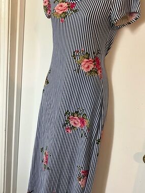 Discreet Navy and White Striped Maxi Dress with Pink Rose Print